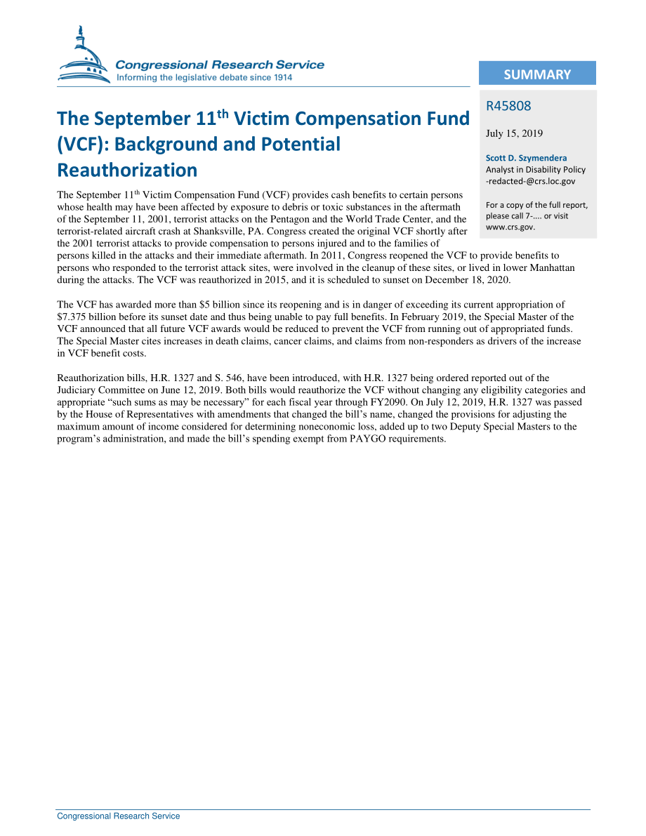 [20190715]R45808_911受害者赔偿基金（VCF）：背景和潜在的重新授权.pdf_第2页