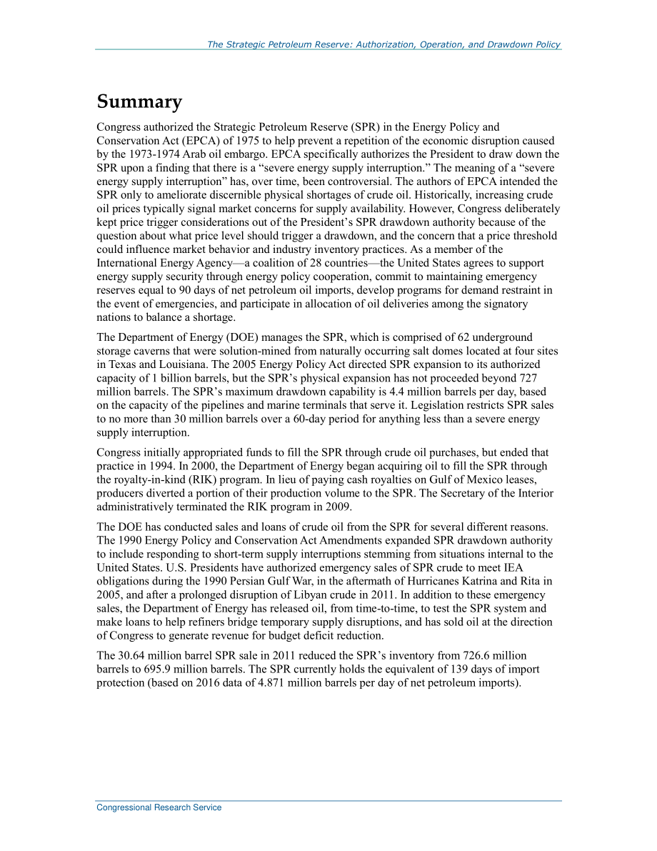 [20170501]R42460_战略石油储备：授权、运营和提款政策.pdf_第2页