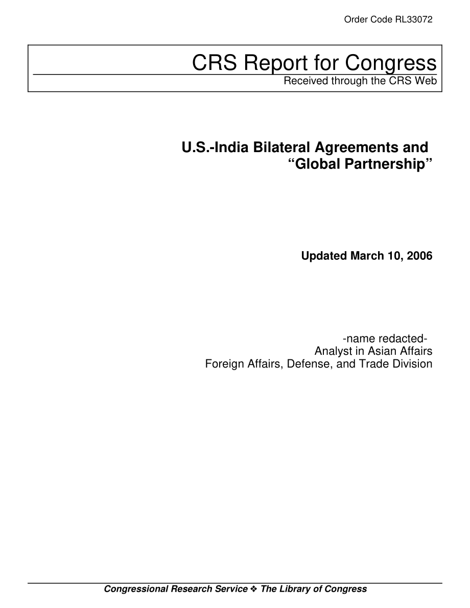 [20060310]RL33072_美印双边协议和“全球伙伴关系”.pdf_第1页