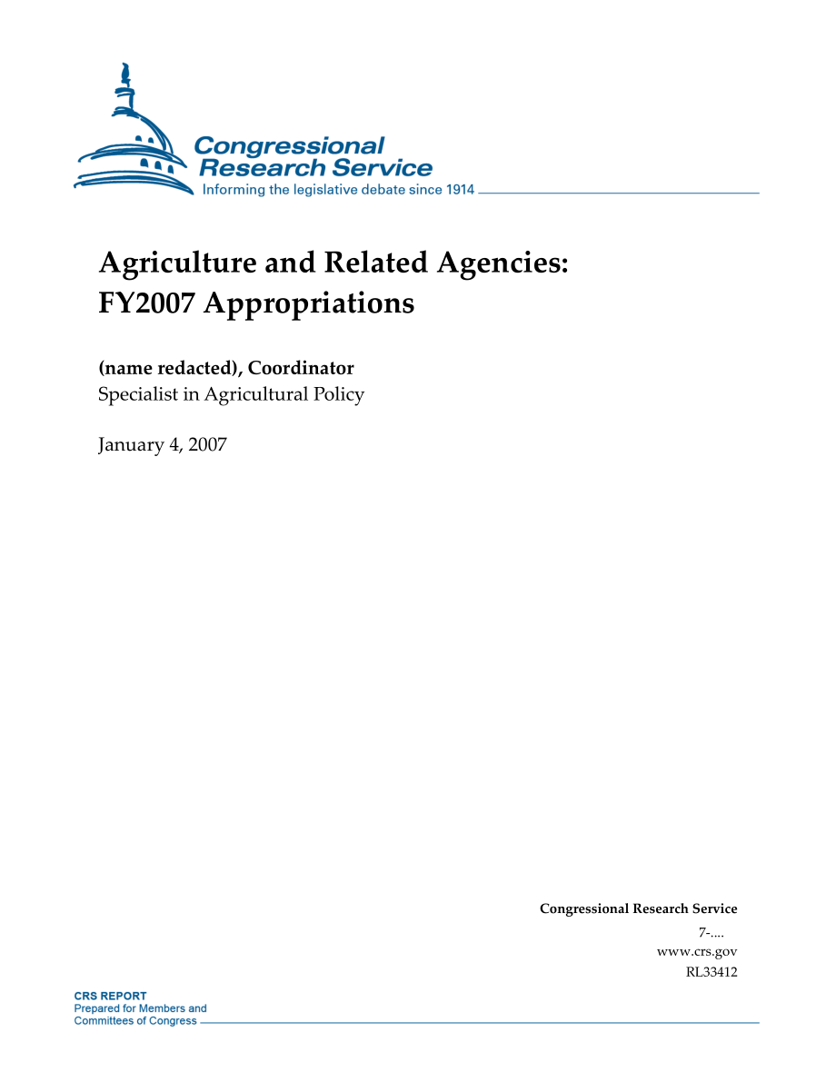 [20070104]RL33412_农业和相关机构：2007财年拨款.pdf_第1页