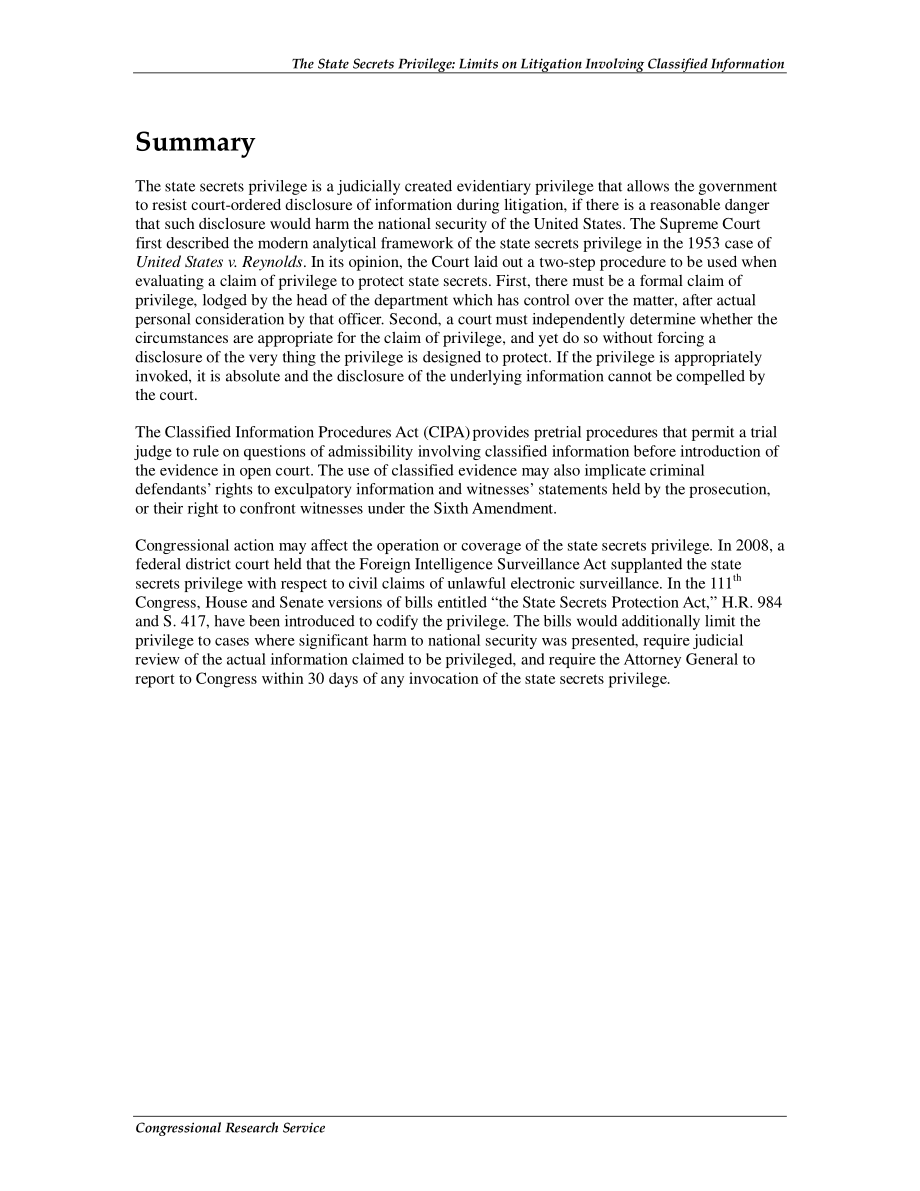 [20090528]R40603_涉及机密信息诉讼的国家机密特权和其他限制.pdf_第2页