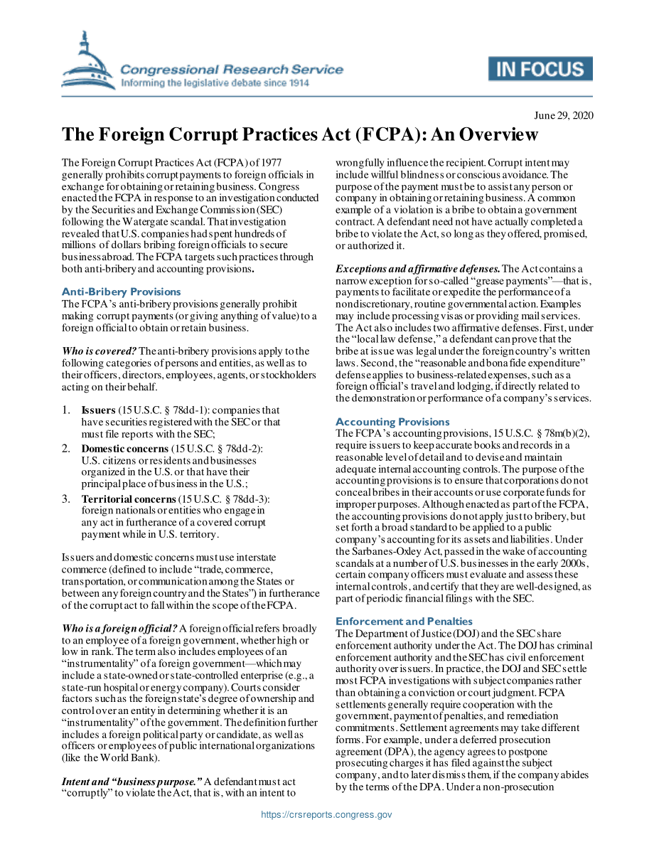 [20200629]IF11588_《反海外腐败法》（FCPA）：概述.pdf_第1页