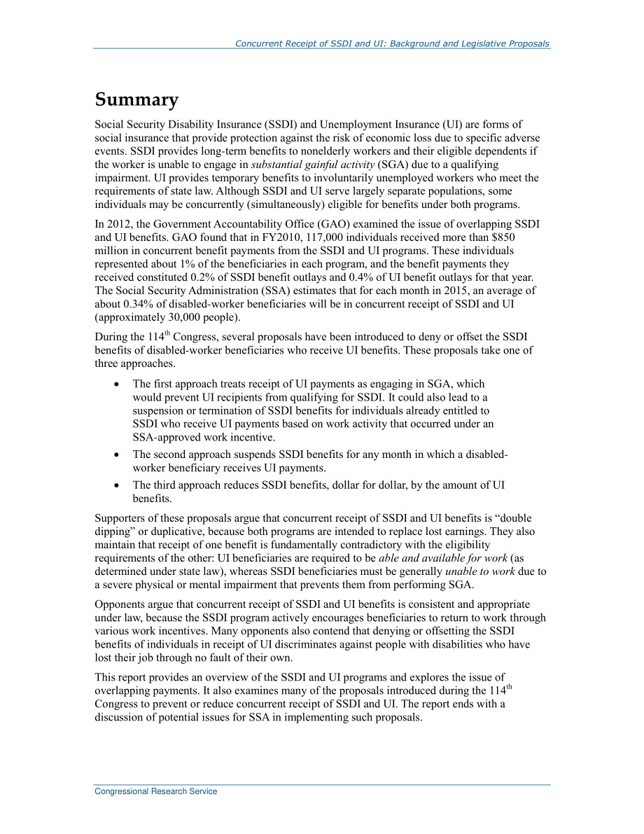 [20150731]R43471_同时领取社会保障残疾保险（SSDI）和失业保险（UI）：背景和立法提案.pdf_第2页