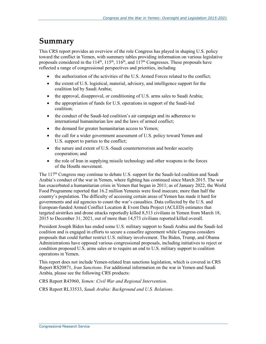 [20220210]R45046_国会与也门战争：监督和立法2015-2021.pdf_第2页