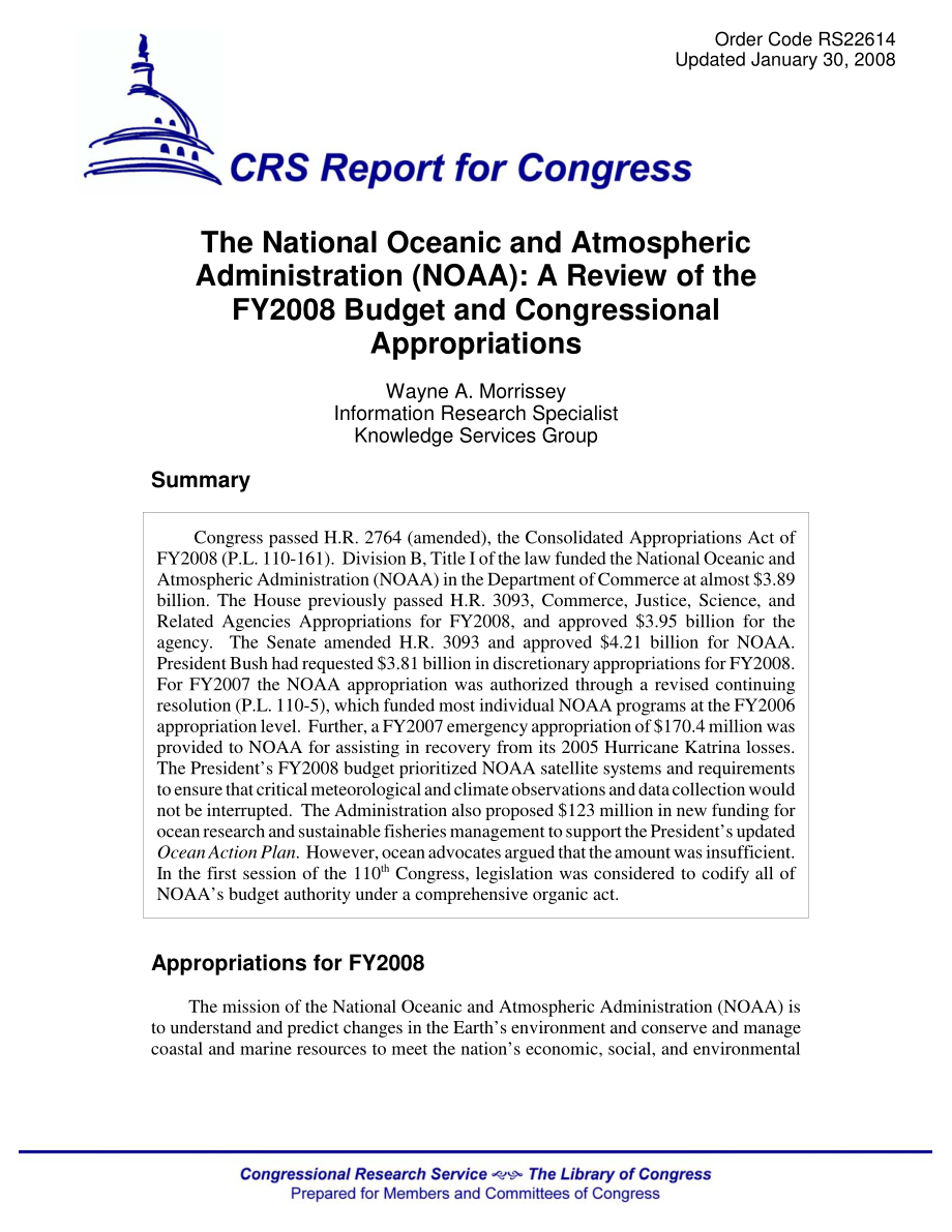[20080130]RS22614_国家海洋和大气管理局（NOAA）：对2008财年预算和国会拨款的审查.pdf_第1页