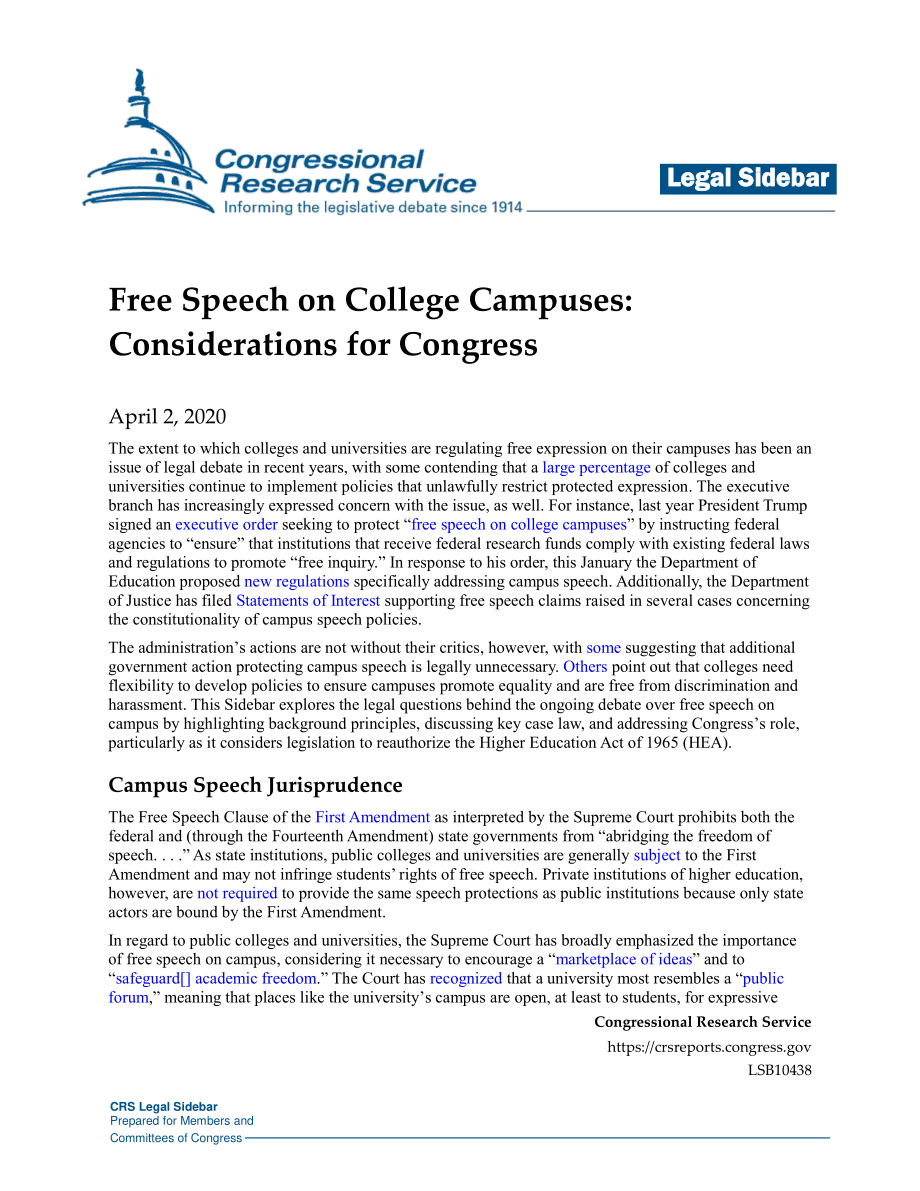 [20200402]LSB10438_大学校园言论自由：国会考虑事项.pdf_第1页