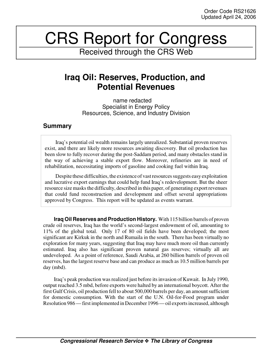[20060424]RS21626_伊拉克石油：储量、产量和潜在收入.pdf_第1页