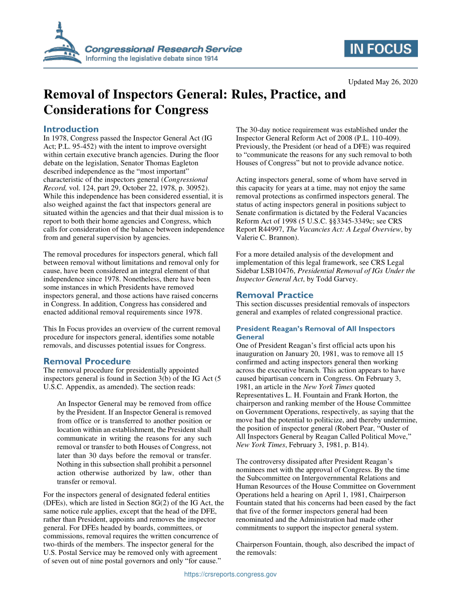 [20200526]IF11546_总检查员的免职：国会规则、惯例和考虑事项.pdf_第1页
