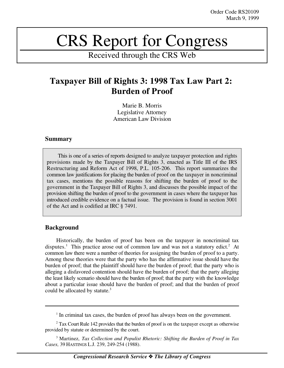 [19990309]RS20109_纳税人权利法案3：1998年税法第2部分：举证责任.pdf_第1页