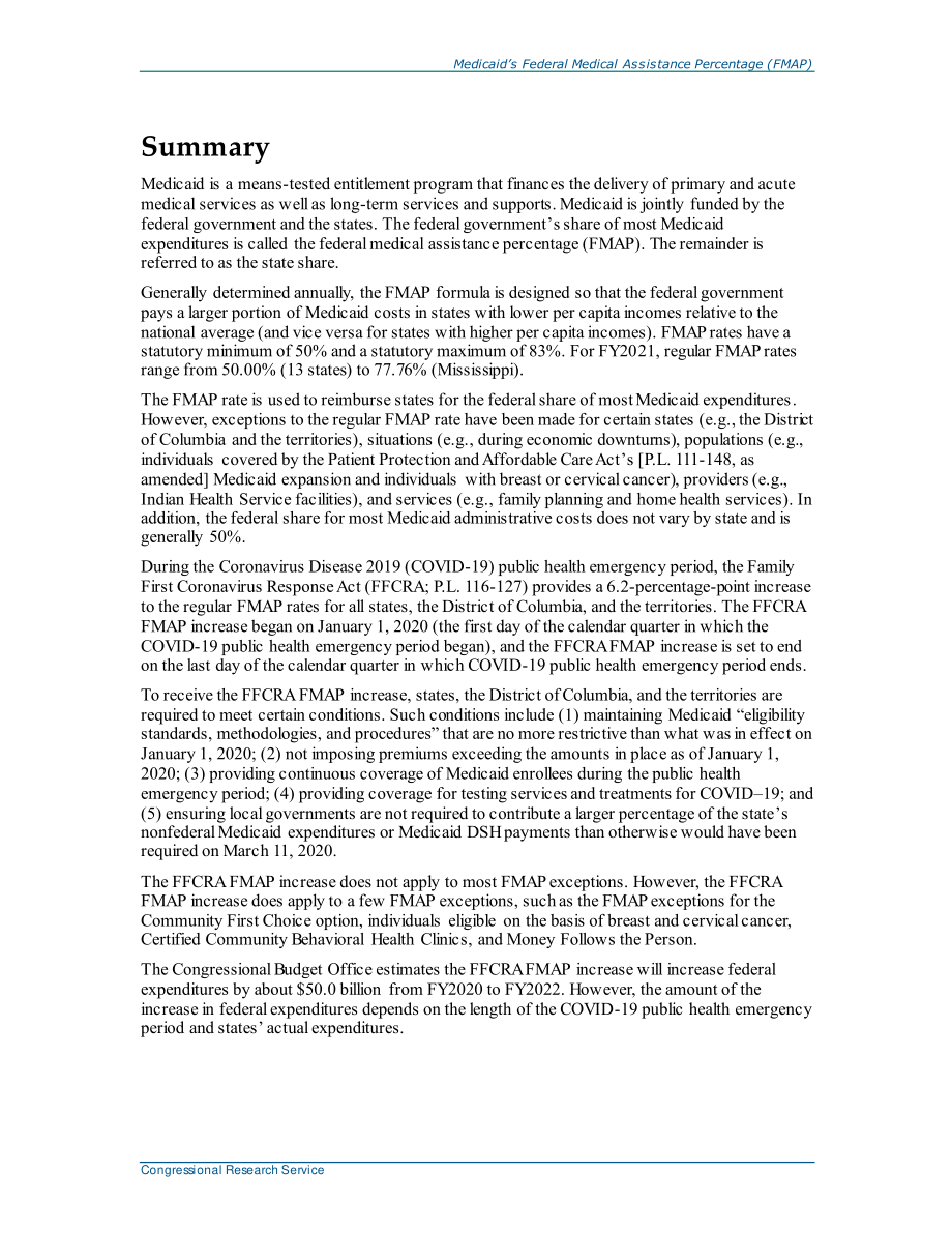 [20200729]R43847_Medicaid的联邦医疗援助百分比（FMAP）.pdf_第2页