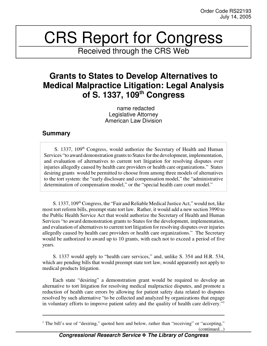 [20050714]RS22193_向各州提供赠款以开发医疗事故诉讼的替代方案：S.1337第109届国会的法律分析.pdf_第1页
