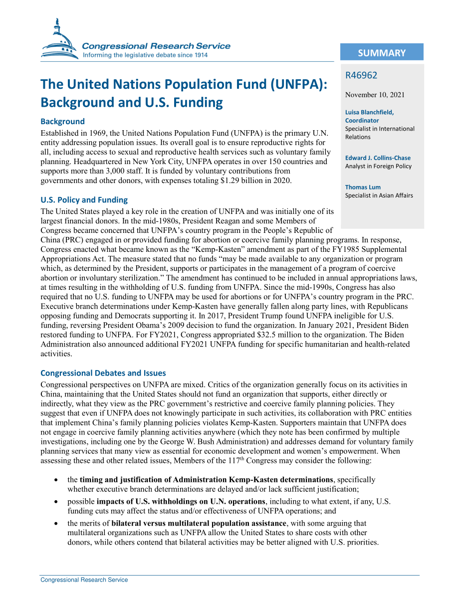 [20211110]R46962_联合国人口基金（人口基金）：背景和美国资金.pdf_第2页