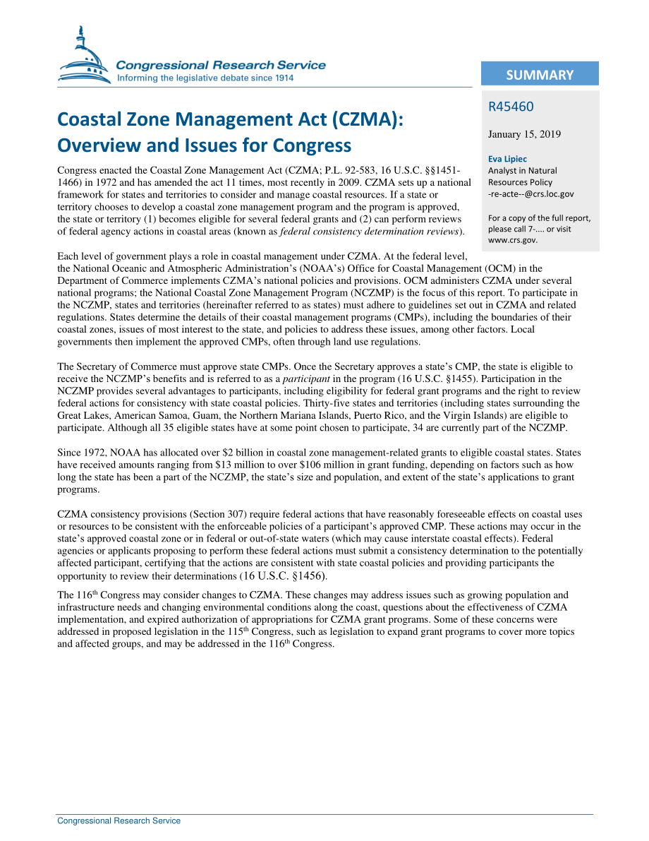 [20190115]R45460_海岸带管理法（CZMA）：国会概况和议题.pdf_第2页