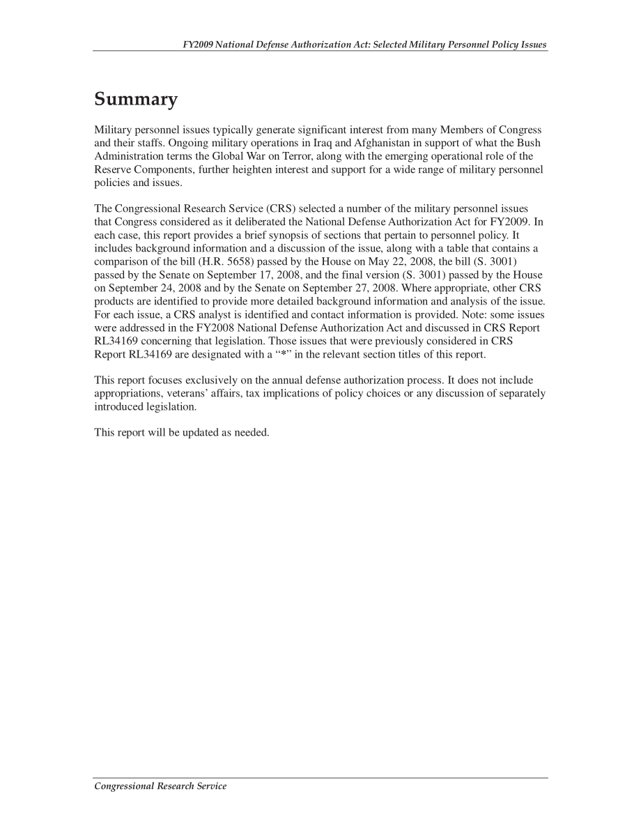 [20080930]RL34590_2009财年国防授权法案：选定的军事人员政策问题.pdf_第2页