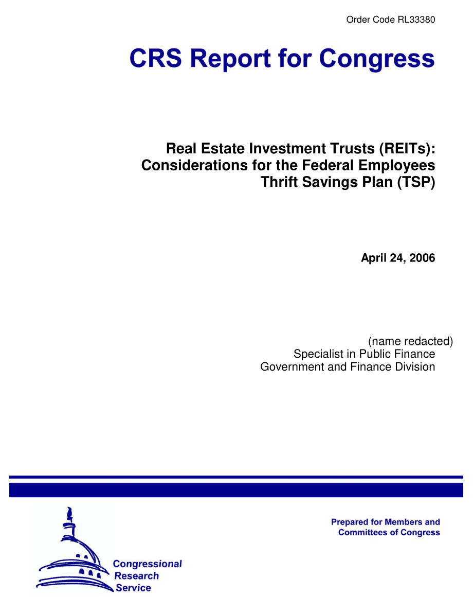 [20060424]RL33380_房地产投资信托（REIT）：对联邦雇员储蓄计划（TSP）的考虑.pdf_第1页