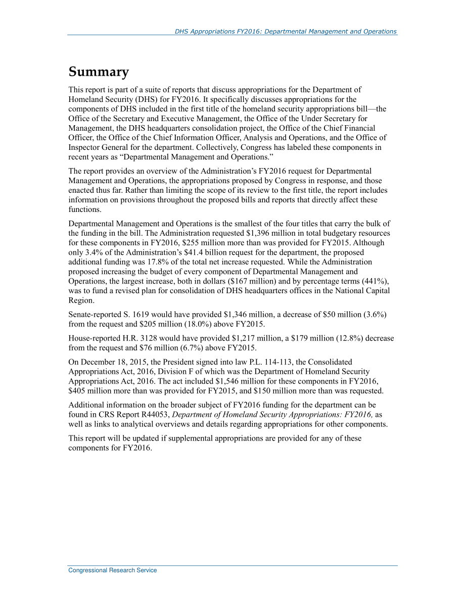 [20160316]R44186_2016财年DHS拨款：部门管理和运营.pdf_第2页