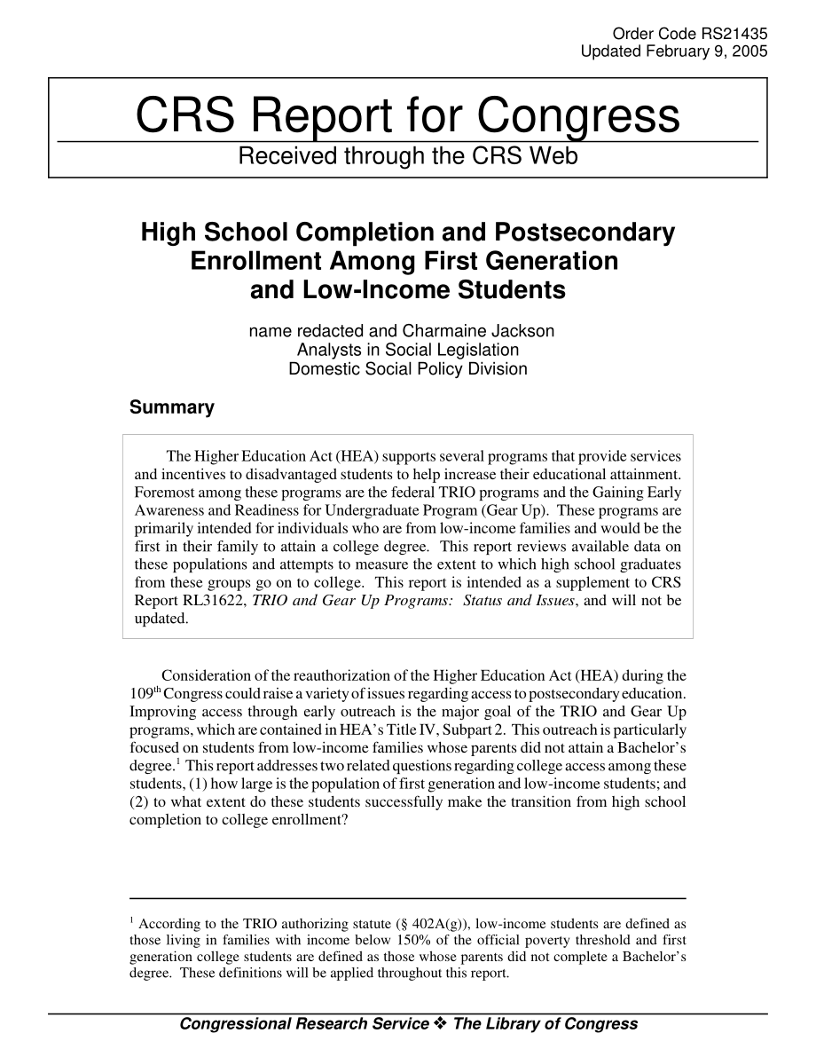 [20050209]RS21435_第一代和低收入学生的高中毕业和中学后入学情况.pdf_第1页