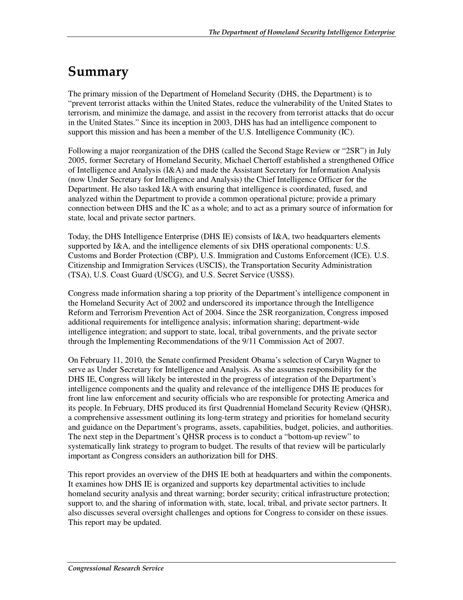 [20100319]R40602_国土安全部情报机构：国会的运营概况和监督挑战.pdf_第2页