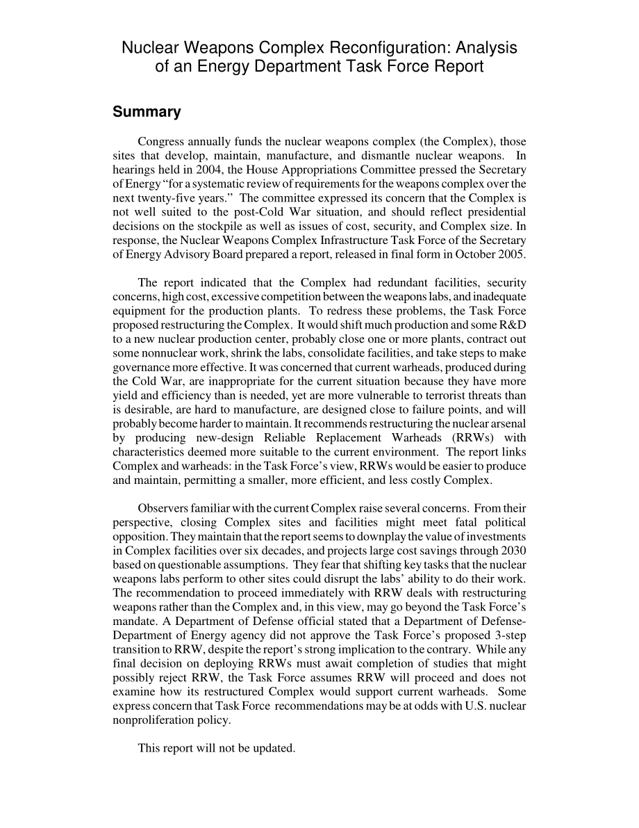 [20060201]RL33256_核武器综合体重组：能源部工作组报告分析.pdf_第2页
