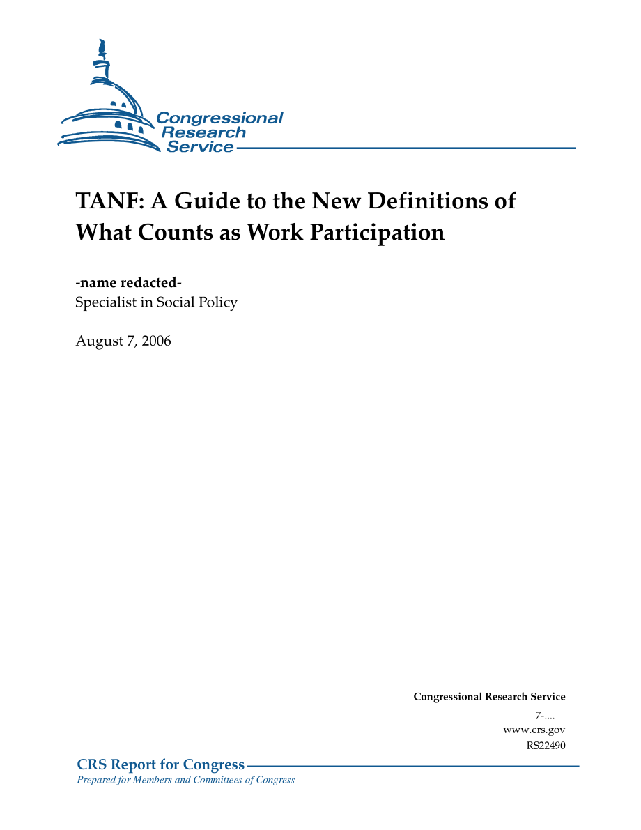 [20060807]RS22490_TANF：工作参与的新定义指南.pdf_第1页