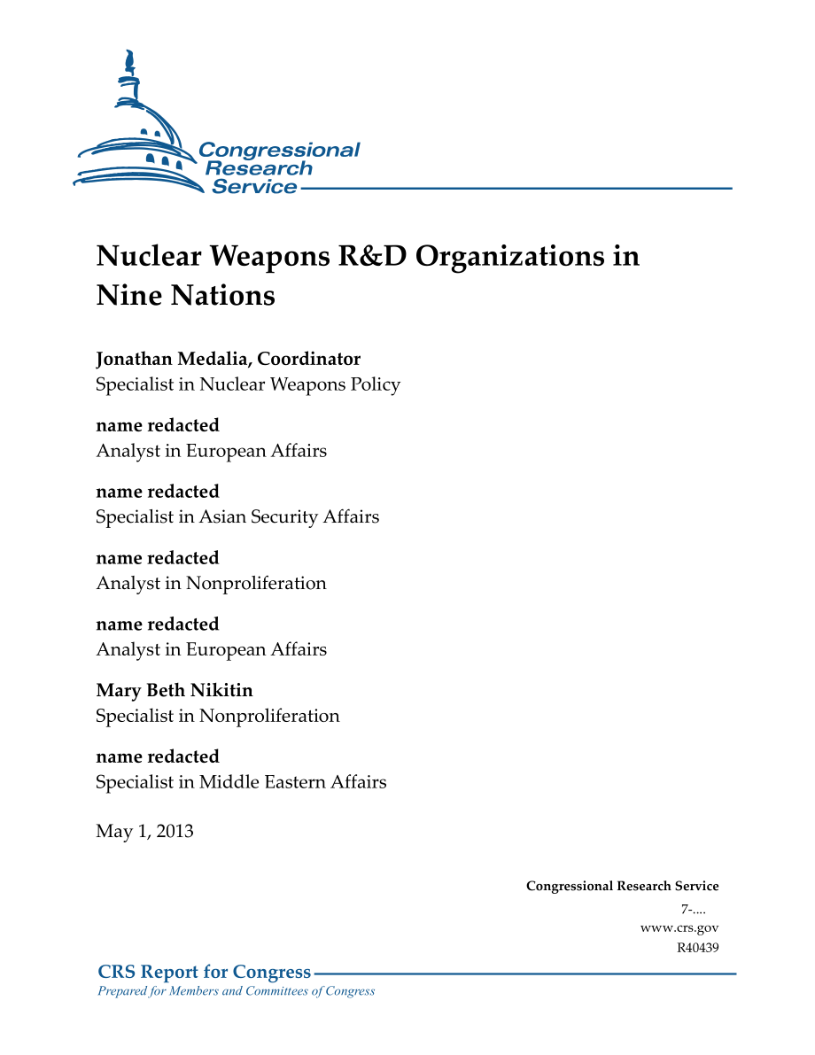 [20130501]R40439_九个国家的核武器研发机构.pdf_第1页