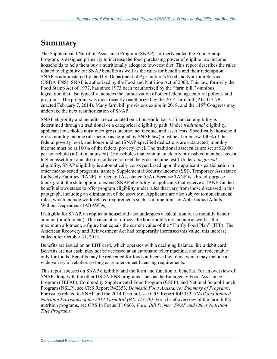 [20180411]R42505_补充营养援助计划（SNAP）：资格和福利入门.pdf_第2页