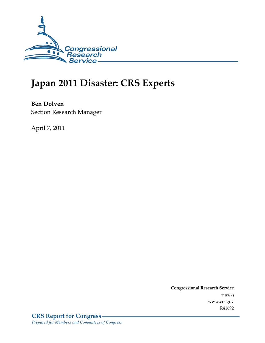 [20110407]R41692_2011年日本灾难：CRS专家.pdf_第1页