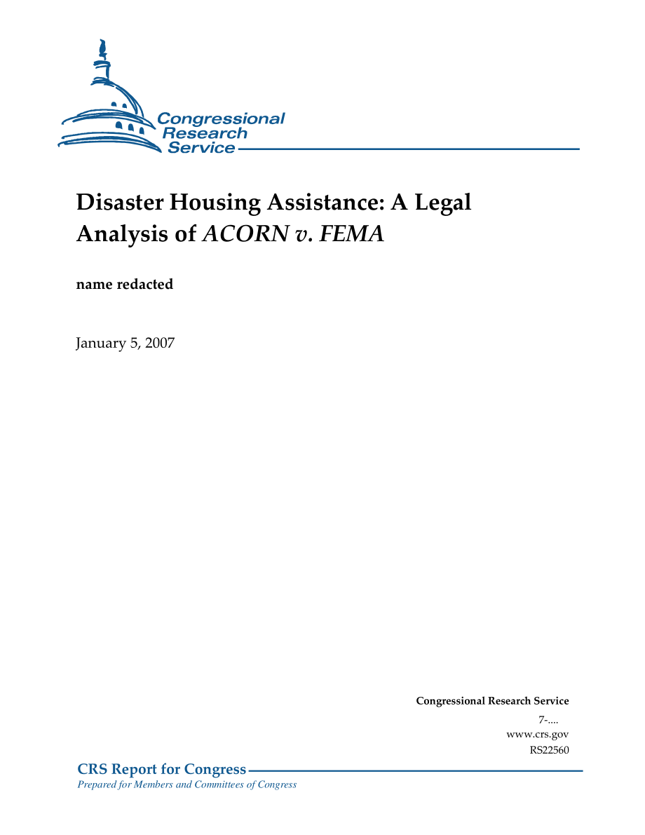 [20070105]RS22560_灾害住房援助：ACORN诉FEMA的法律分析.pdf_第1页
