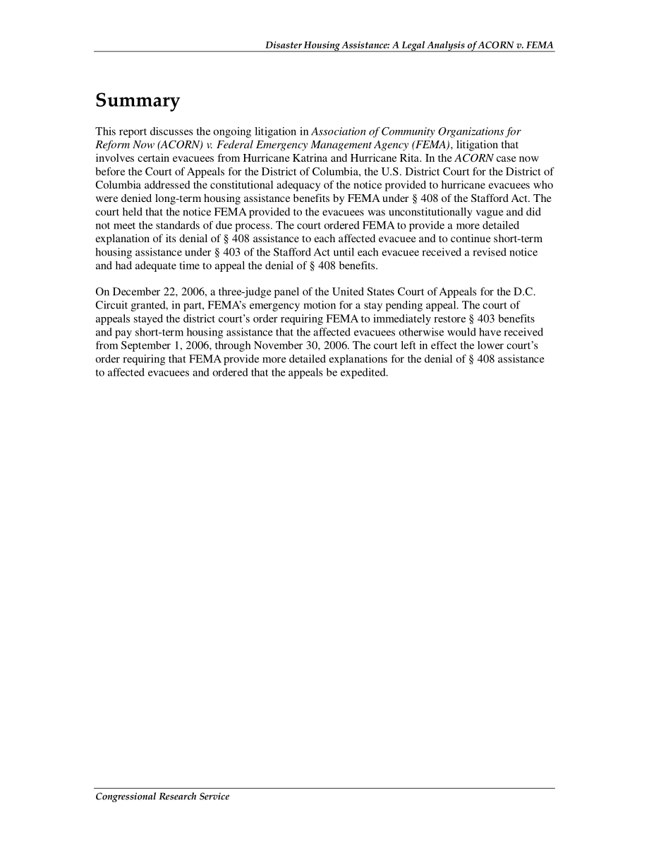 [20070105]RS22560_灾害住房援助：ACORN诉FEMA的法律分析.pdf_第2页