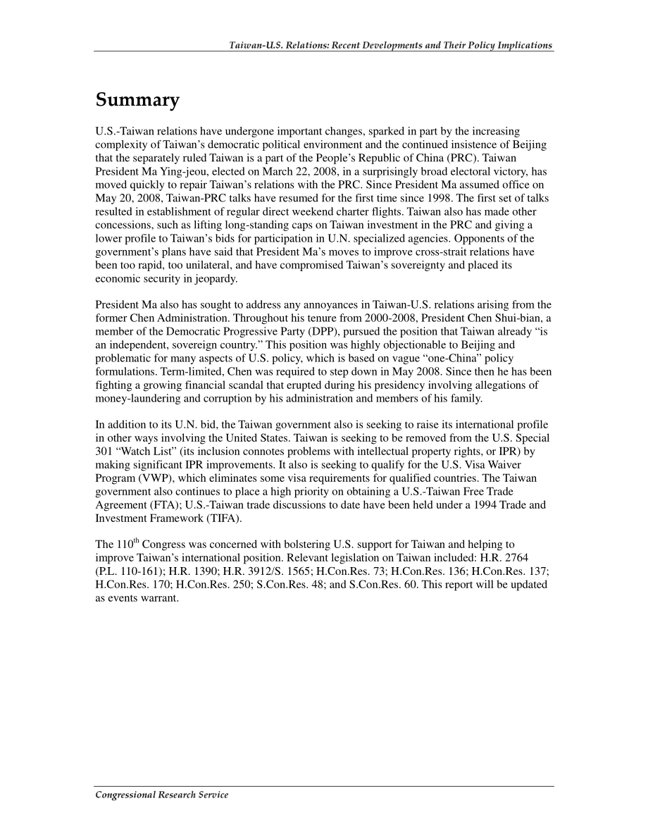 [20090107]RL34683_台美关系：最近的事态发展及其政策影响.pdf_第2页