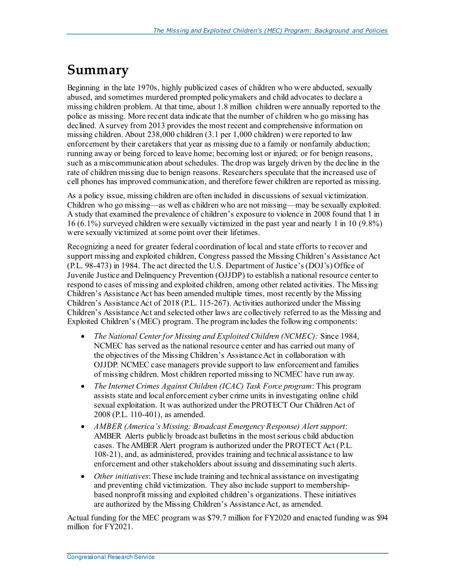 [20210715]RL34050_失踪和被剥削儿童（MEC）计划：背景和政策.pdf_第2页