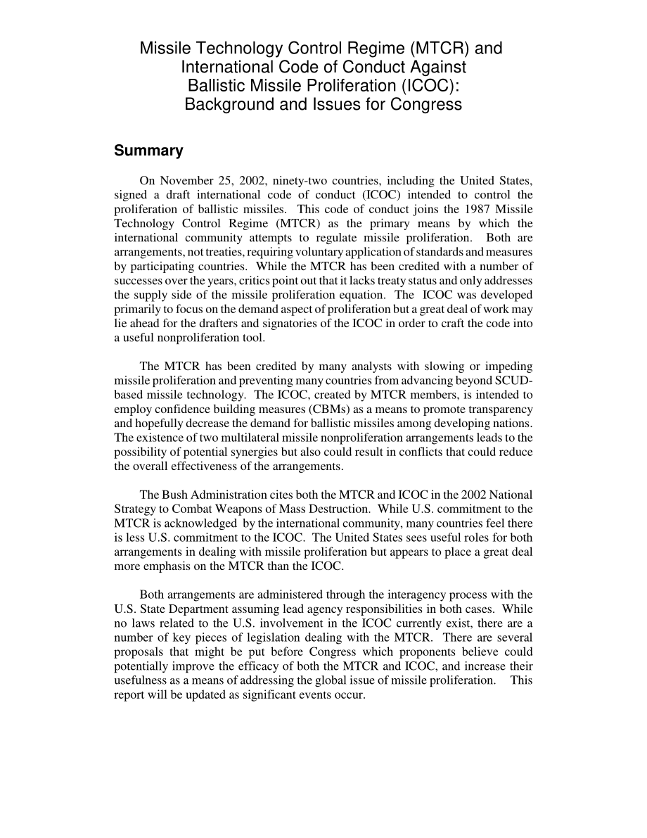 [20030408]RL31848_导弹技术控制制度（MTCR）和《防止弹道导弹扩散国际行为准则》（ICOC）：国会背景和议题.pdf_第2页