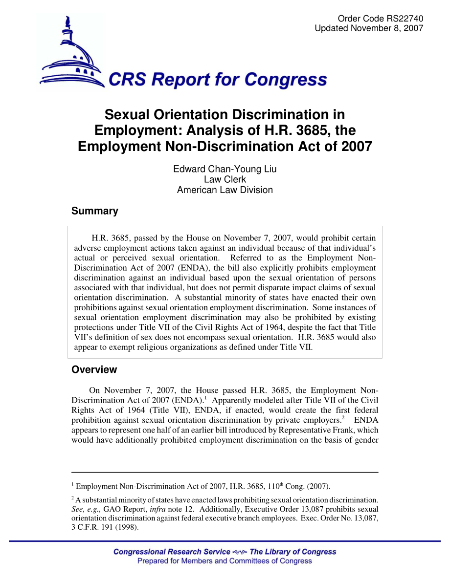 [20071108]RS22740_就业中的性取向歧视：H.R.分析3685《2007年就业不歧视法》.pdf_第1页