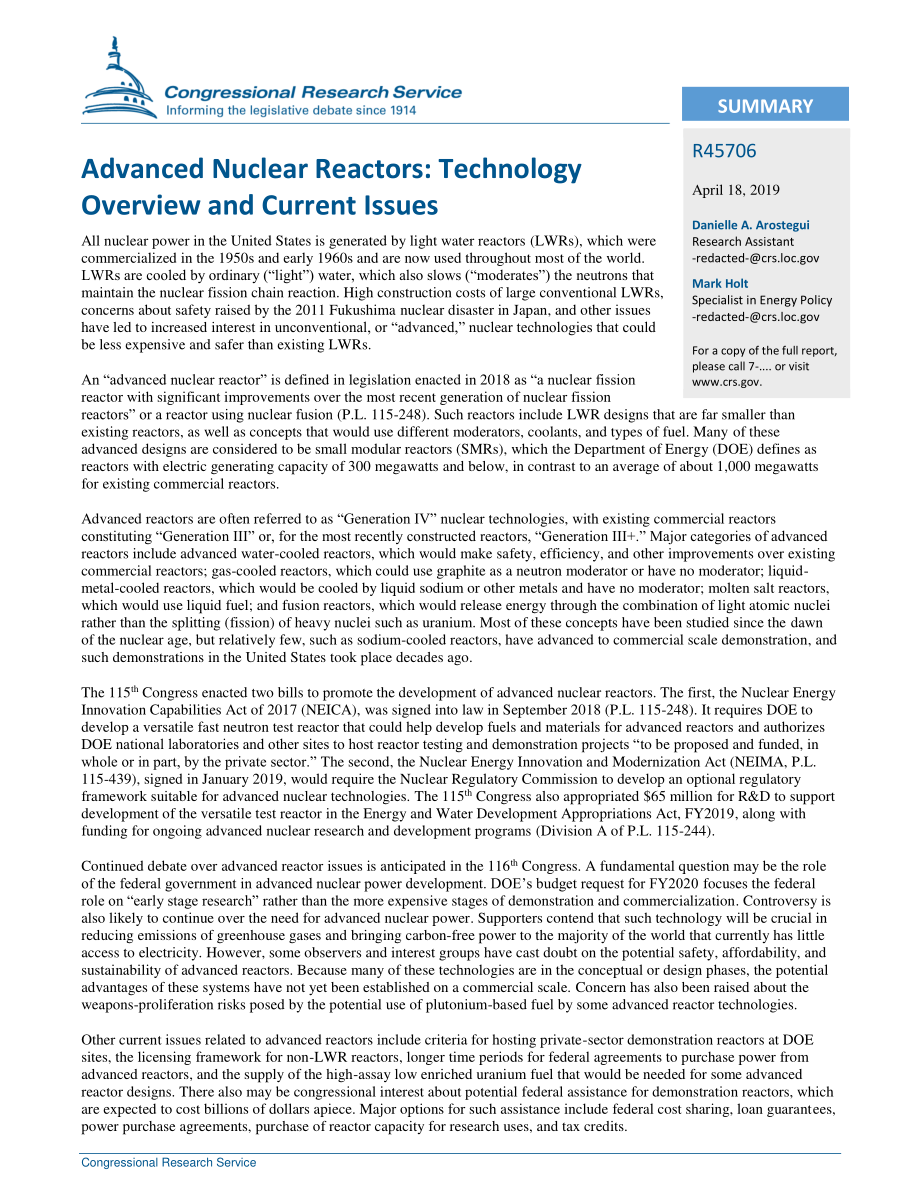 [20190418]R45706_先进核反应堆：技术概述和当前问题.pdf_第2页