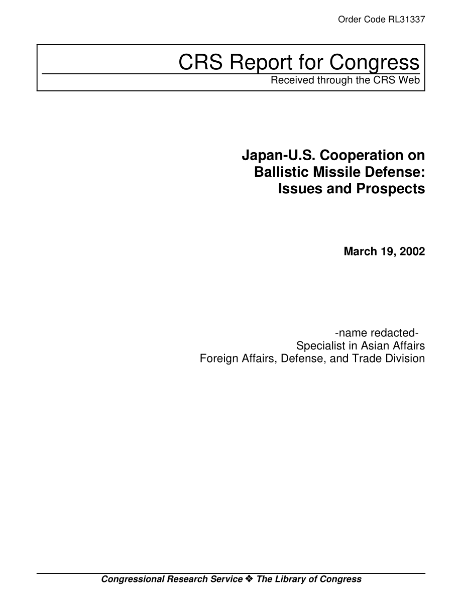 [20020319]RL31337_日美弹道导弹防御合作：问题和前景.pdf_第1页
