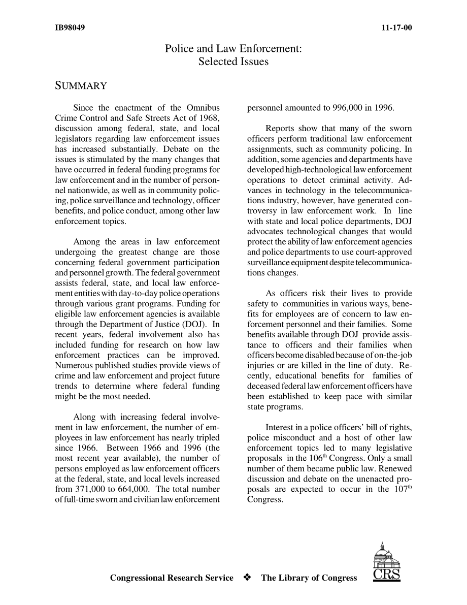 [20001117]IB98049_警察和执法部门：选定的问题.pdf_第3页