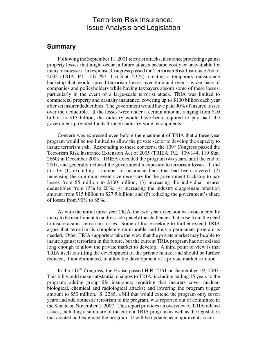 [20071102]RL34025_恐怖主义风险保险：问题分析和立法.pdf_第2页