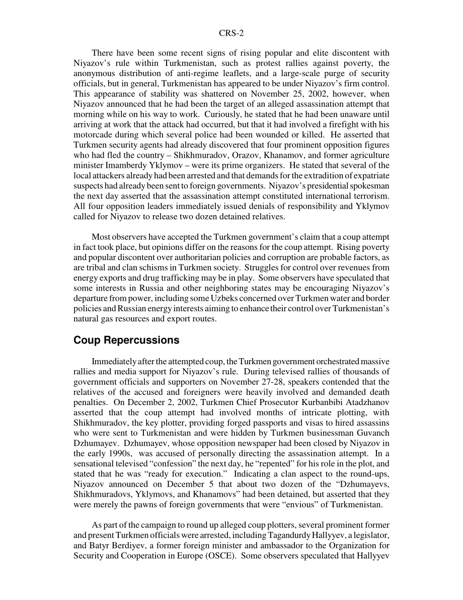 [20030307]RS21384_土库曼斯坦未遂政变：影响和美国的担忧.pdf_第2页