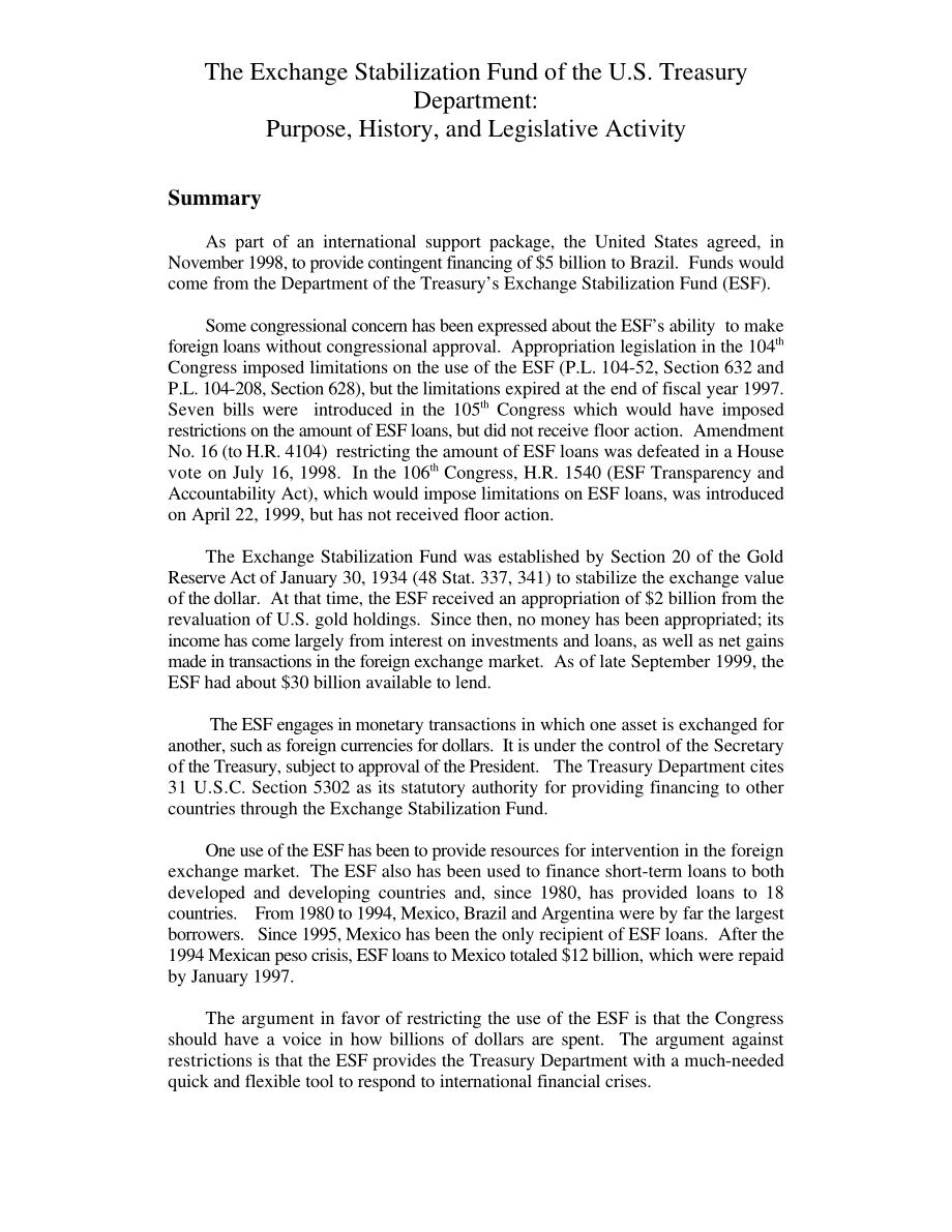 [19990920]RL30125_The Exchange Stabilization Fund of the U.S. Treasury Department Purpose, History, and Legislative Activity.pdf_第3页