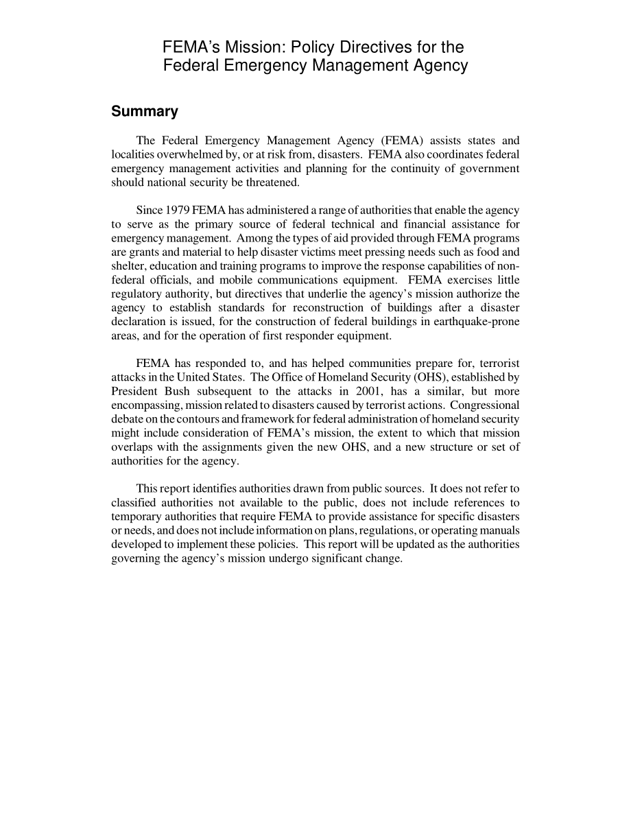 [20020313]RL31285_联邦应急管理局的使命：联邦应急管理局的政策指令.pdf_第2页