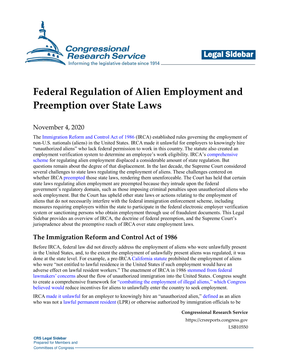 [20201104]LSB10550_对外国人就业和州法律优先权的联邦监管.pdf_第1页