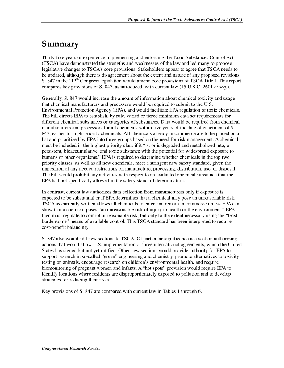 [20110725]R41937_第112届国会提出的有毒物质控制法案（TSCA）改革：S、 847与现行法律相比.pdf_第2页