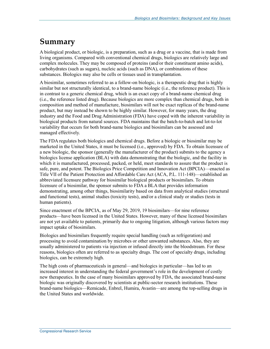 [20190606]R44620_生物制剂和生物仿制药：背景和关键问题.pdf_第2页