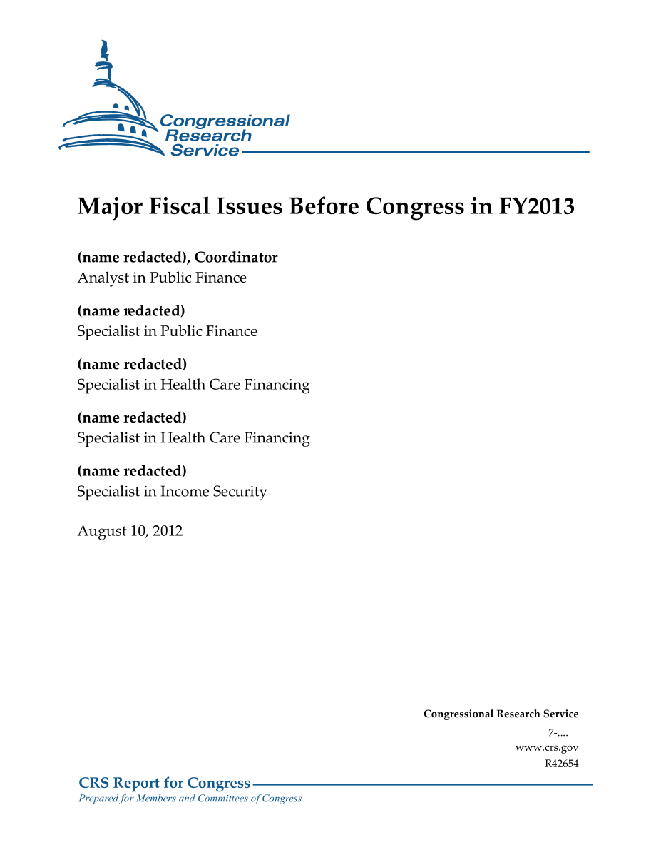 [20120810]R42654_2013财年国会面临的主要财政问题.pdf_第1页