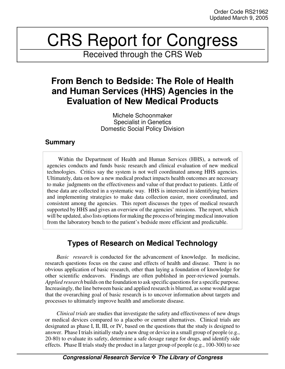 [20050309]RS21962_从长凳到床边：卫生和公众服务（HHS）机构在新医疗产品评估中的作用.pdf_第1页
