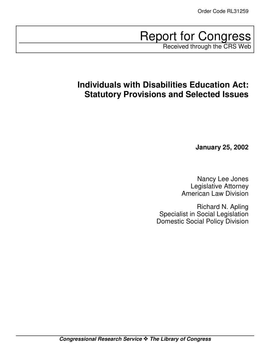 [20020125]RL31259_《残疾人教育法》：法律规定和选定问题.pdf_第1页