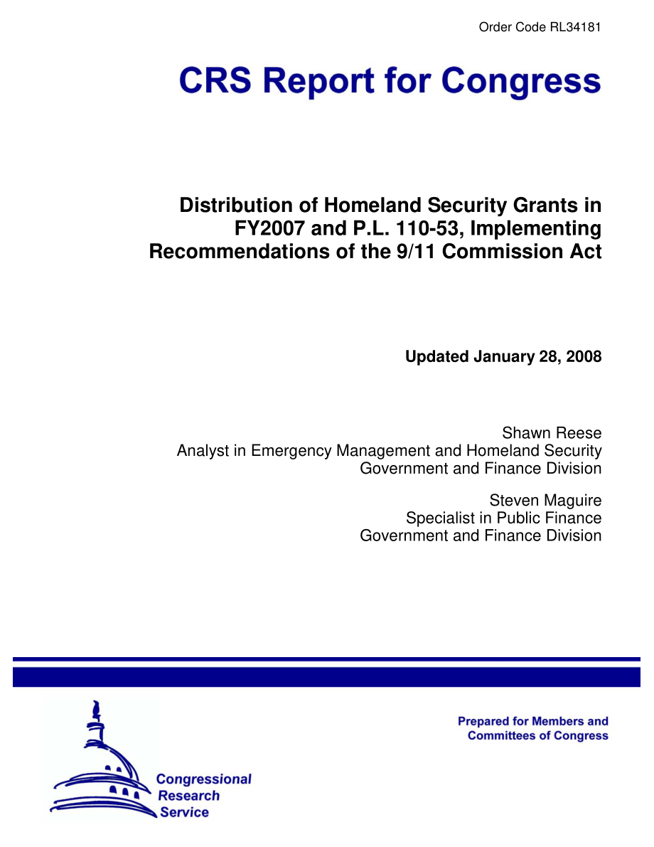 [20080128]RL34181_2007财年和P.L.的国土安全拨款分配110-53实施911委员会法案的建议.pdf_第1页