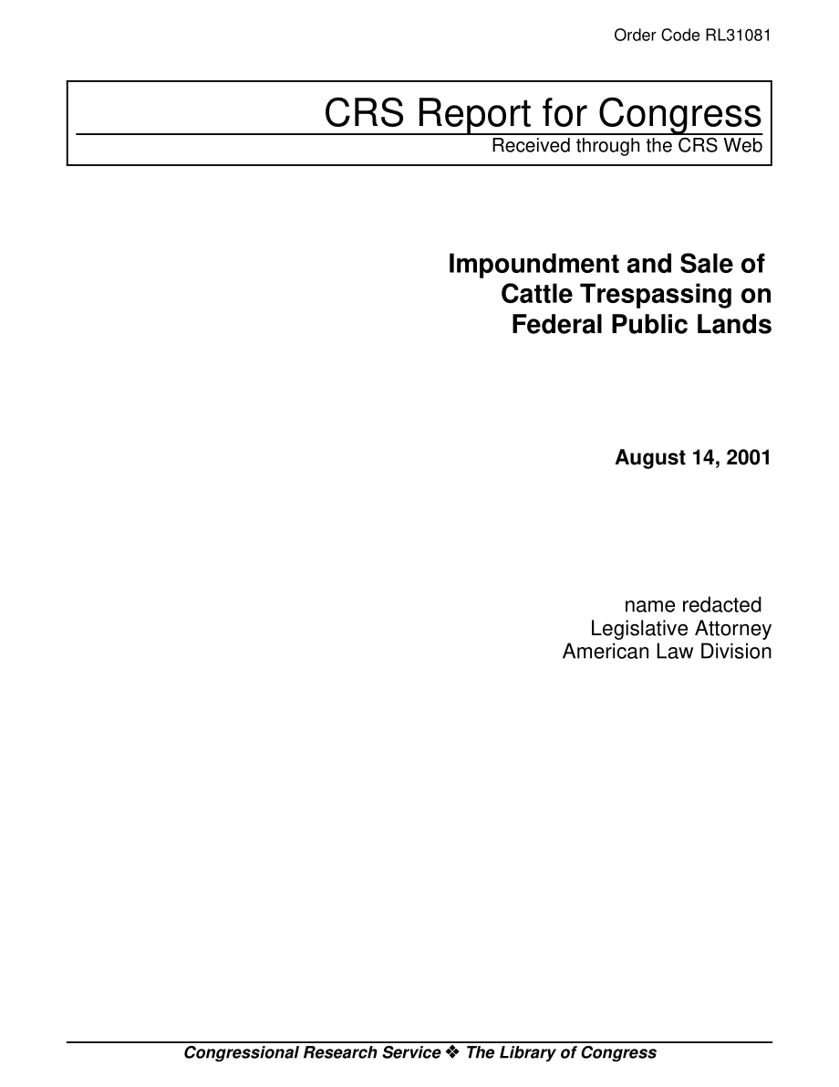 [20010814]RL31081_扣押和出售非法侵入联邦公共土地的牲畜.pdf_第1页