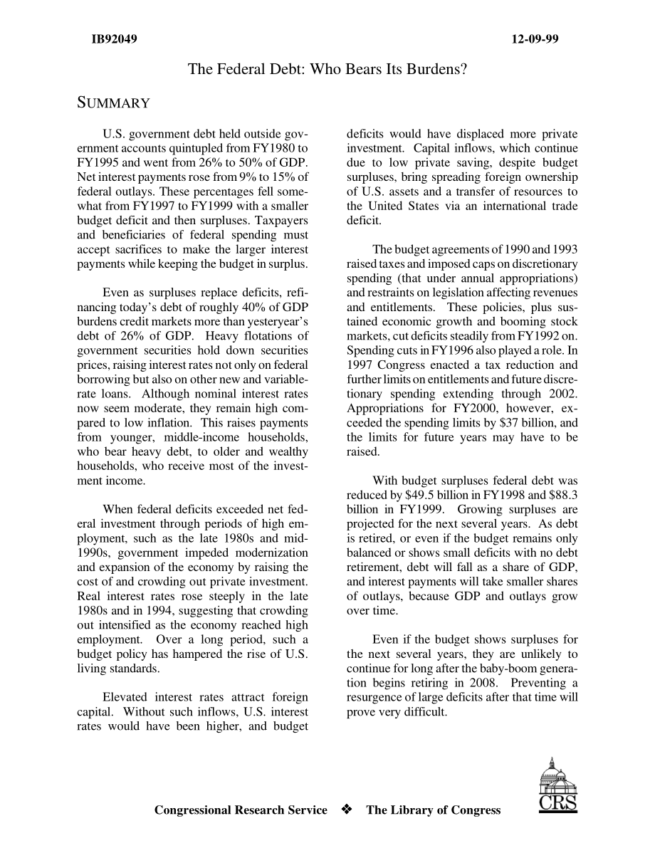 [19991209]IB92049_联邦债务： Who Bears Its Burdens.pdf_第3页