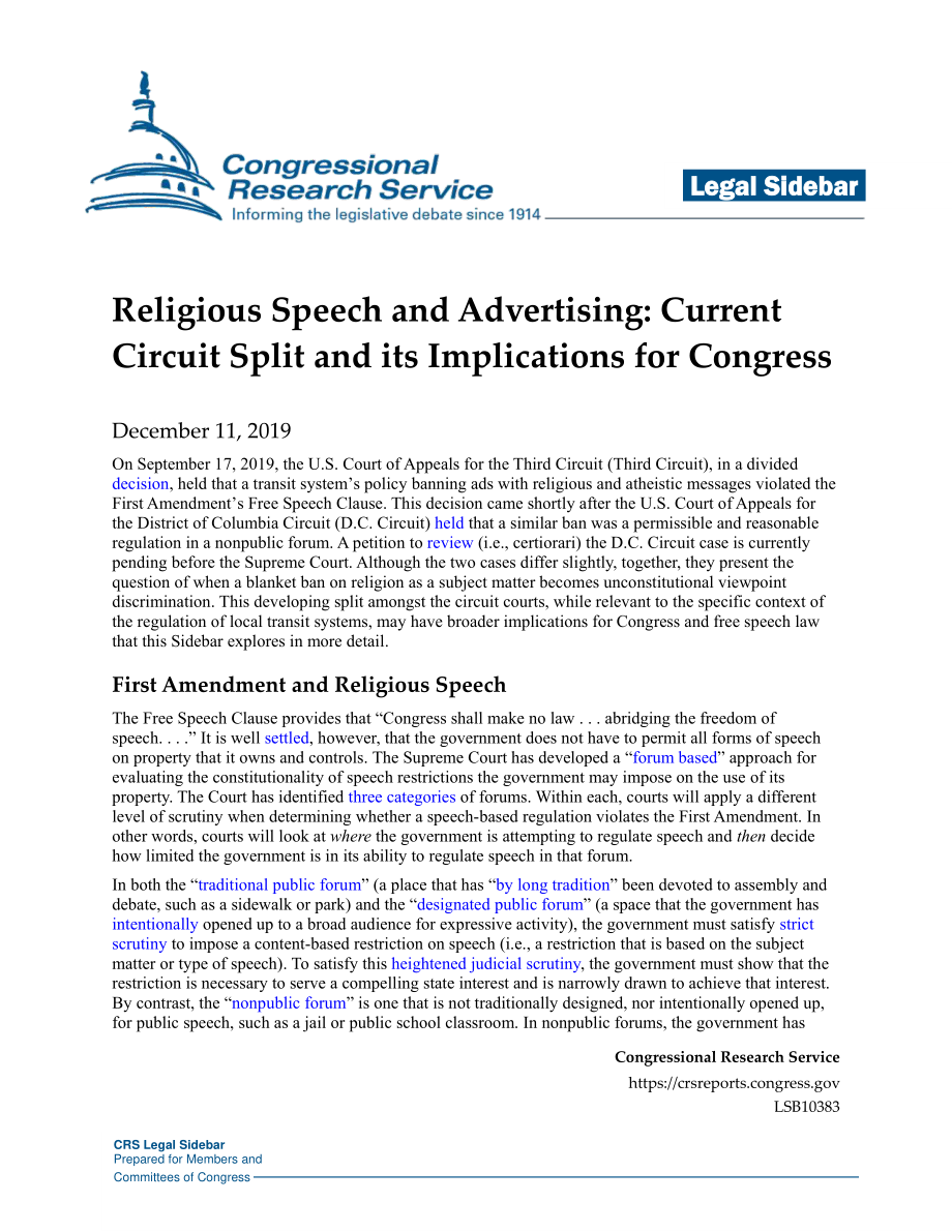 [20191211]LSB10383_宗教演讲和广告：电流回路分裂及其对国会的启示.pdf_第1页